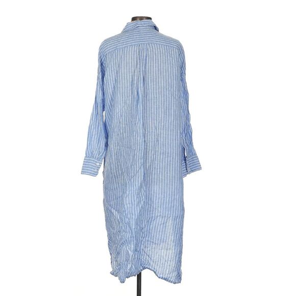 Zara 100% Linen Light Blue and White Striped Long Shirt Dress Size Small - Picture 3 of 6